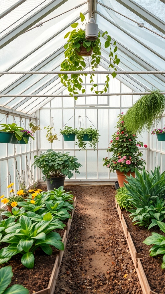 A bright greenhouse filled with various plants, including flowers and hanging greenery.