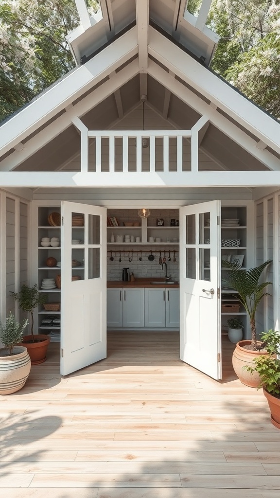 A spacious white garden shed with a loft area, featuring open double doors, wooden flooring, and shelves inside.