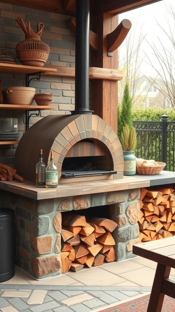A rustic wood-fired pizza oven made of stone and brick, featuring a chimney and stacked firewood nearby.
