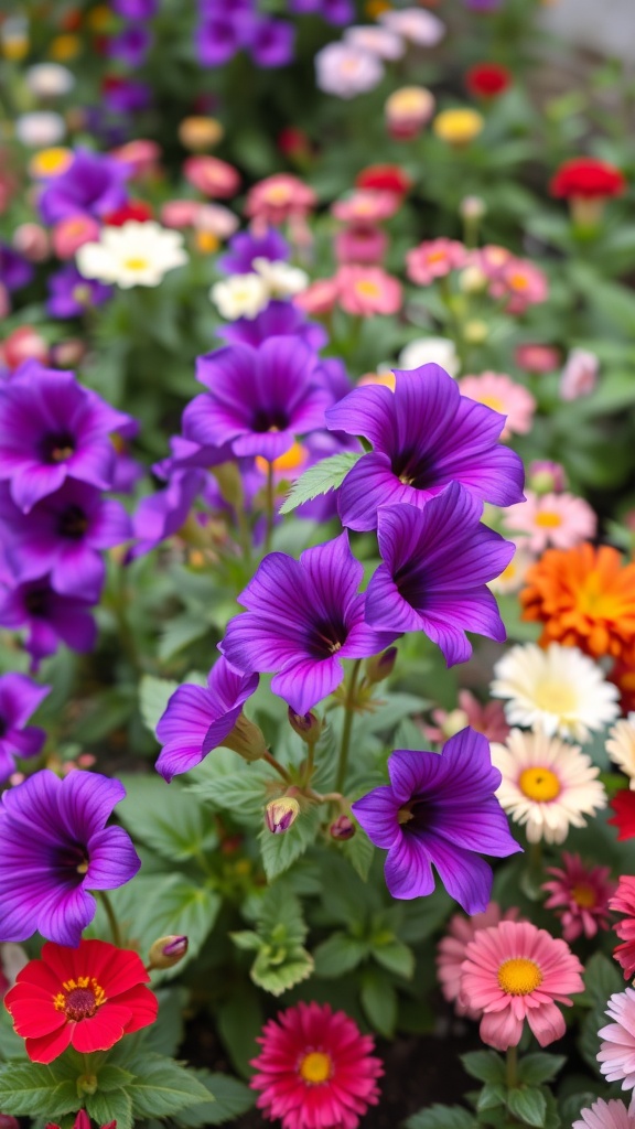 A vibrant display of lobelia flowers in purple surrounded by various colorful blooms in a garden.