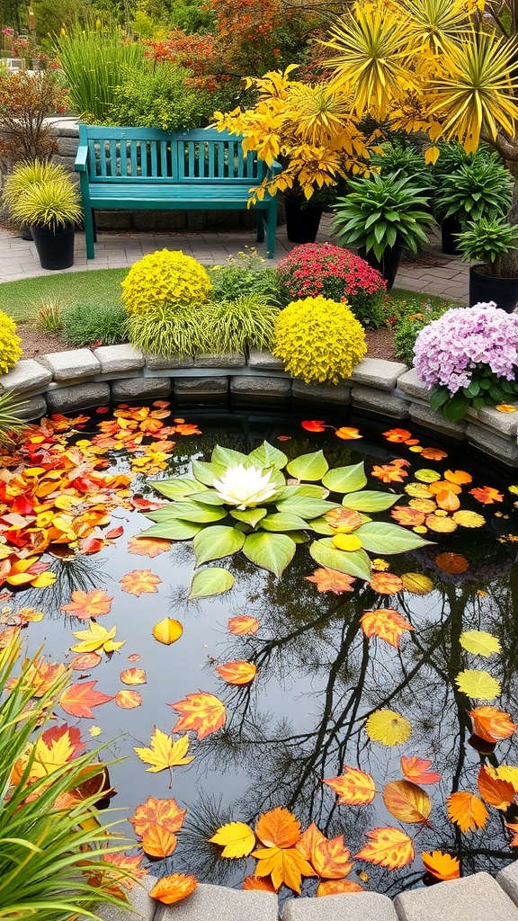 A beautiful garden pond with colorful flowers and autumn leaves