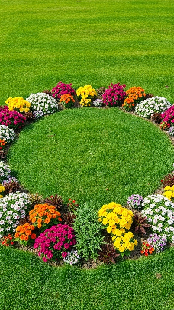 A circular lawn surrounded by colorful flowers in various shades, creating a vibrant garden design.