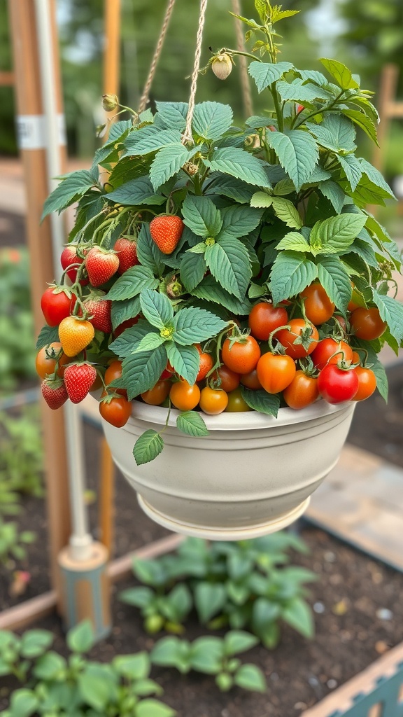 A hanging basket filled with ripe strawberries and cherry tomatoes, showcasing a mix of edible plants.