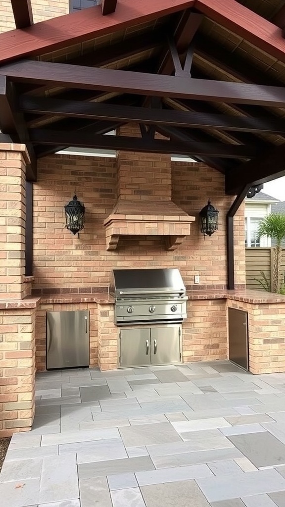 Outdoor kitchen with a stone and brick pergola, featuring a grill and storage cabinets.