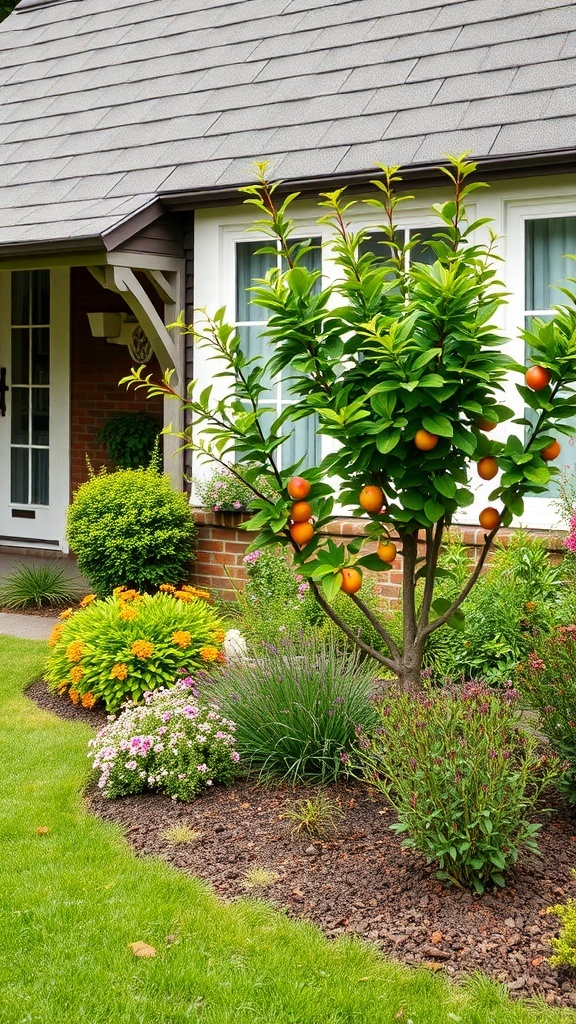 A cottage front garden featuring a fruit tree with oranges, surrounded by colorful flowers and greenery.