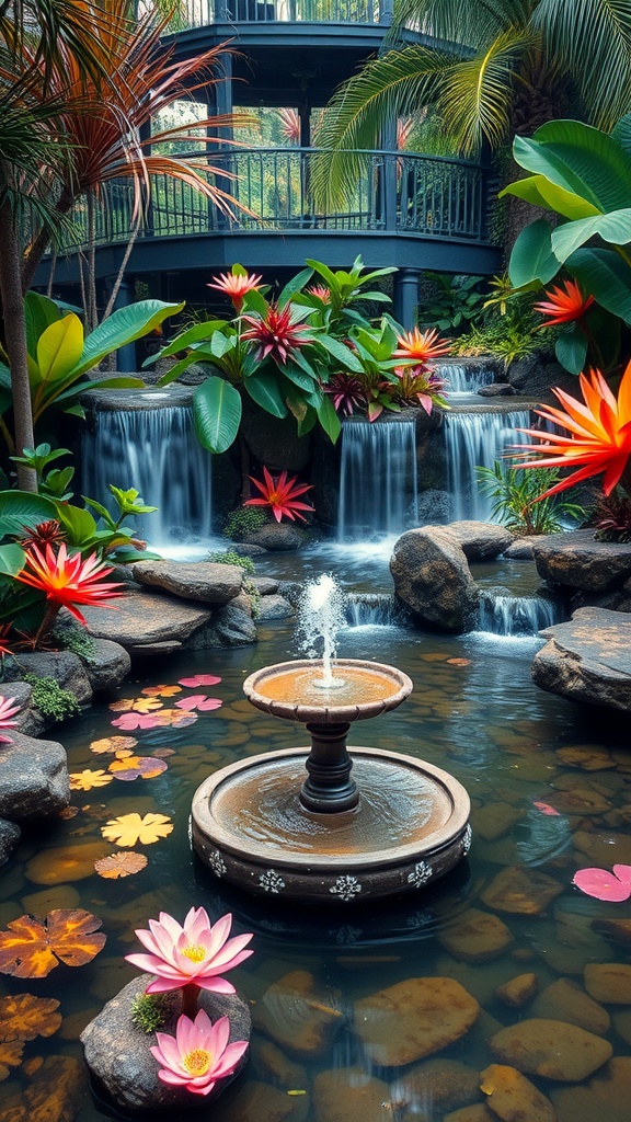A tropical pond with a central fountain, surrounded by colorful flowers and cascading waterfalls.