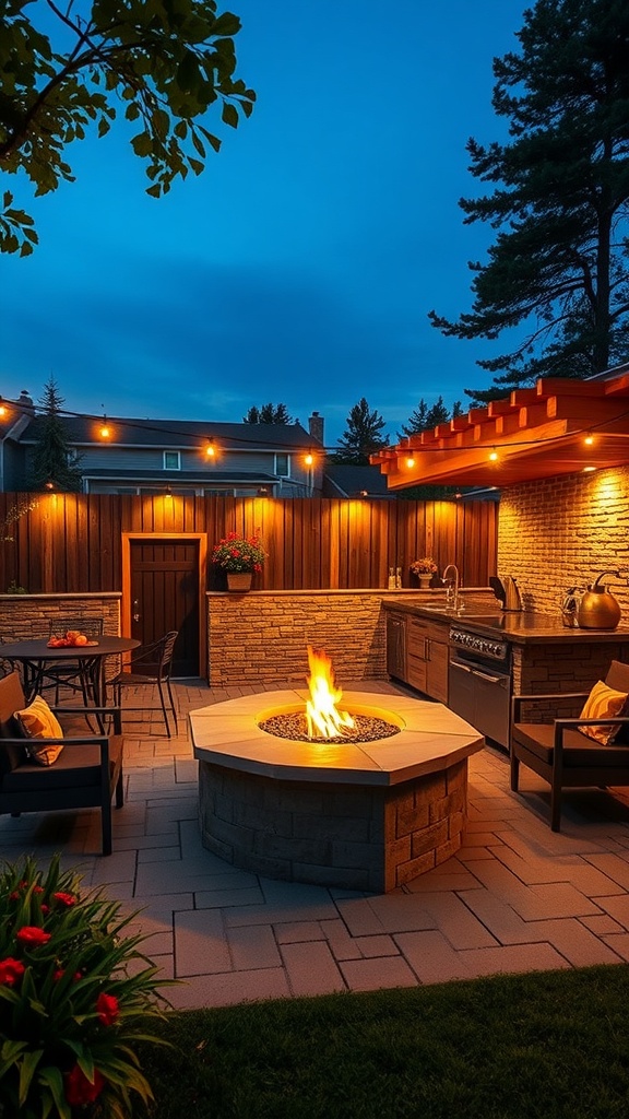 An outdoor kitchen featuring a stone fire pit, comfortable seating, and string lights in the evening.