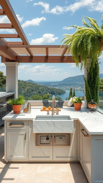Sophisticated outdoor kitchen featuring a marble sink, spacious countertop, and scenic view.