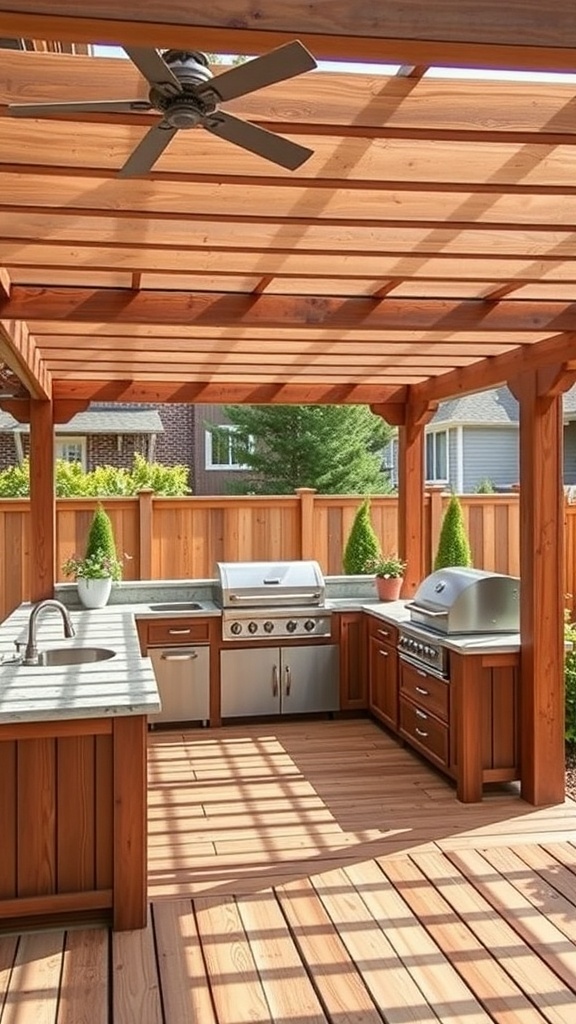 Outdoor kitchen with a wooden pergola and multi-level decking, featuring a grill and counter space.