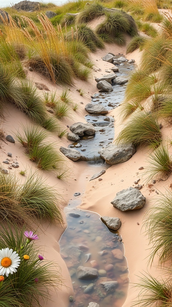 A coastal garden featuring a stream flowing through sandy dunes, surrounded by grasses and colorful flowers.