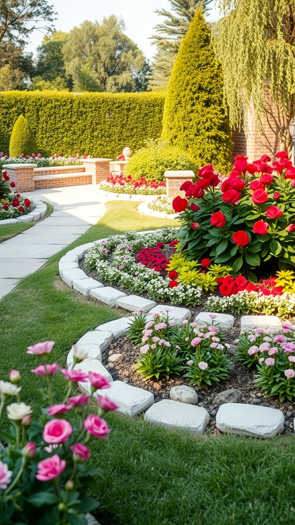 A garden with white stone borders surrounding colorful flower beds, featuring vibrant red and pink flowers.