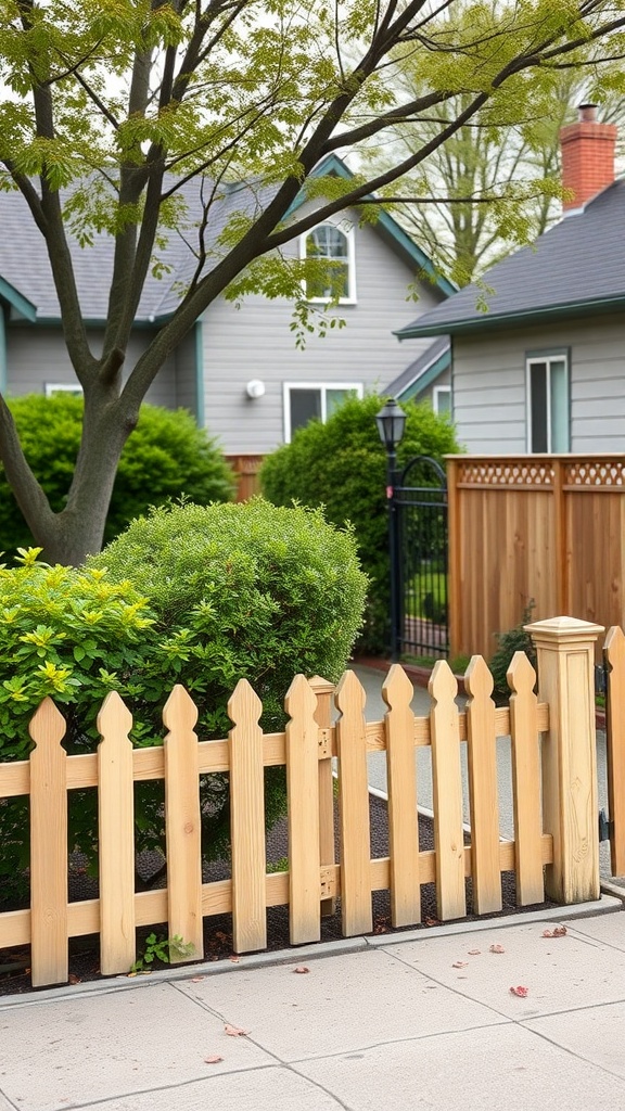 A simple wooden picket fence with pointed tops and privacy panels behind it, surrounded by greenery.