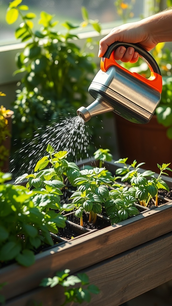 A person watering container herbs with a metal watering can.