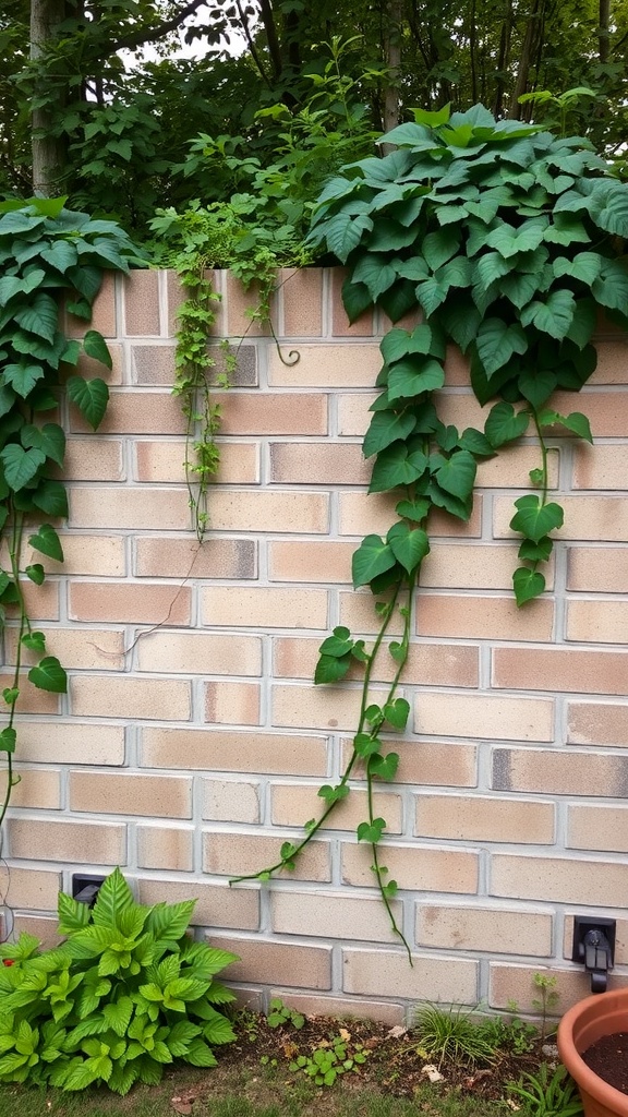 A cinder block privacy wall with green vines growing on top.