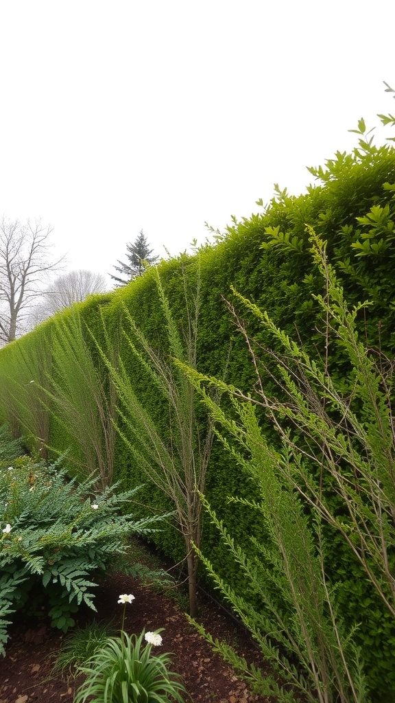 A lush green living fence made of tall hedges and trees, surrounded by flowering plants.