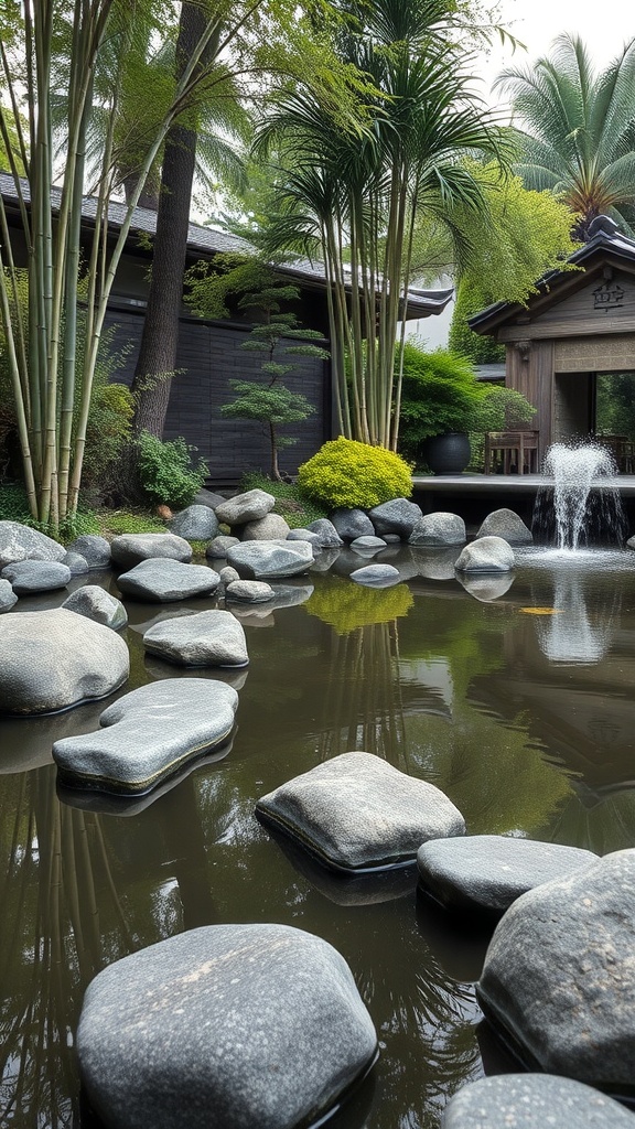 A serene Japanese Zen garden pond with smooth stones, lush greenery, and a gentle fountain.