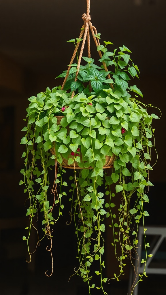 A hanging basket filled with vibrant green cascading vines and trailing plants.
