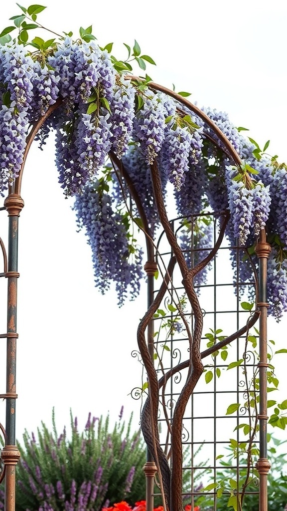 A vintage iron garden trellis with purple wisteria flowers cascading down.