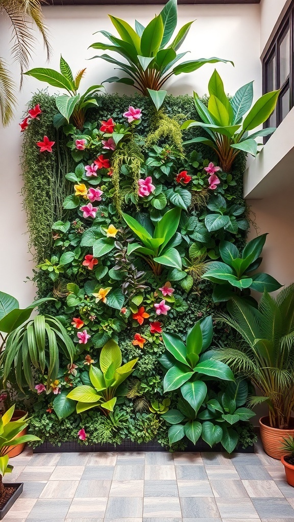 A vibrant vertical garden featuring lush greenery and colorful flowers in a tropical courtyard setting.