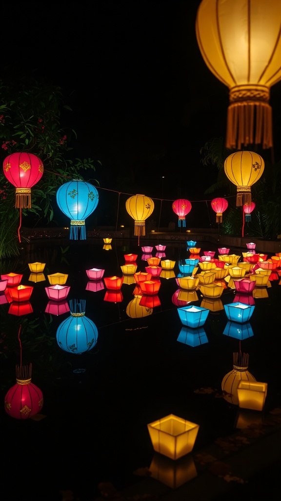 Colorful floating lanterns illuminating a garden pond at night