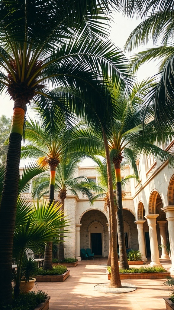 A tropical courtyard garden featuring tall palm trees and a serene atmosphere.