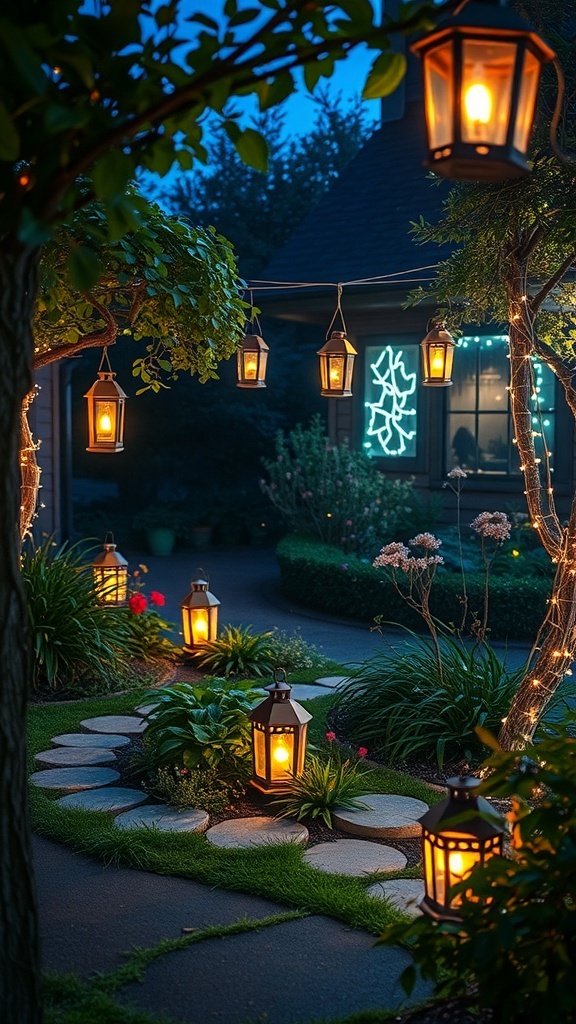 A charming garden with lanterns hanging from trees and lining a stone pathway, creating a warm and inviting atmosphere.