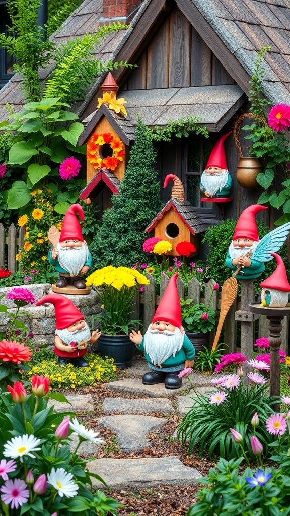 A colorful front garden featuring cheerful gnomes, vibrant flowers, and playful decor.