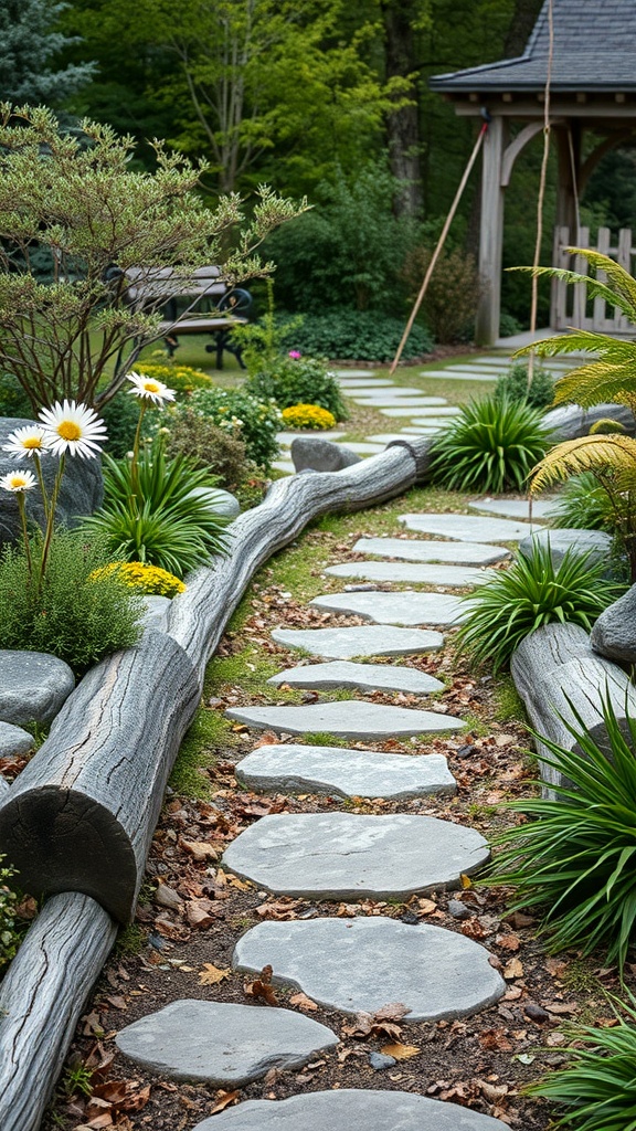 A stone pathway lined with logs and greenery in a garden.