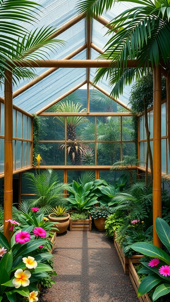 A bamboo framed greenhouse filled with various plants and flowers.