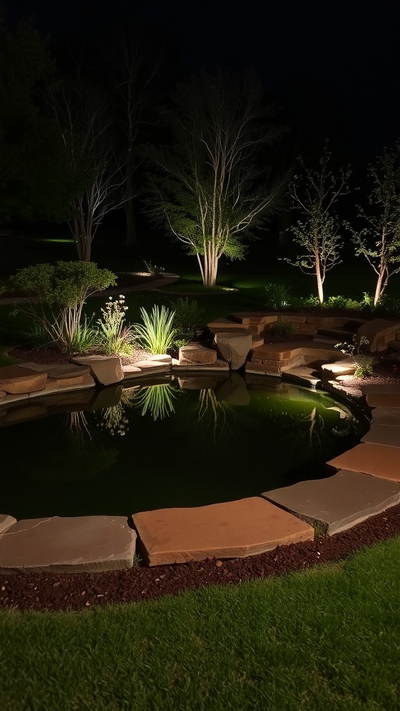 A beautifully lit garden pond at night with natural stone edging and surrounding greenery.