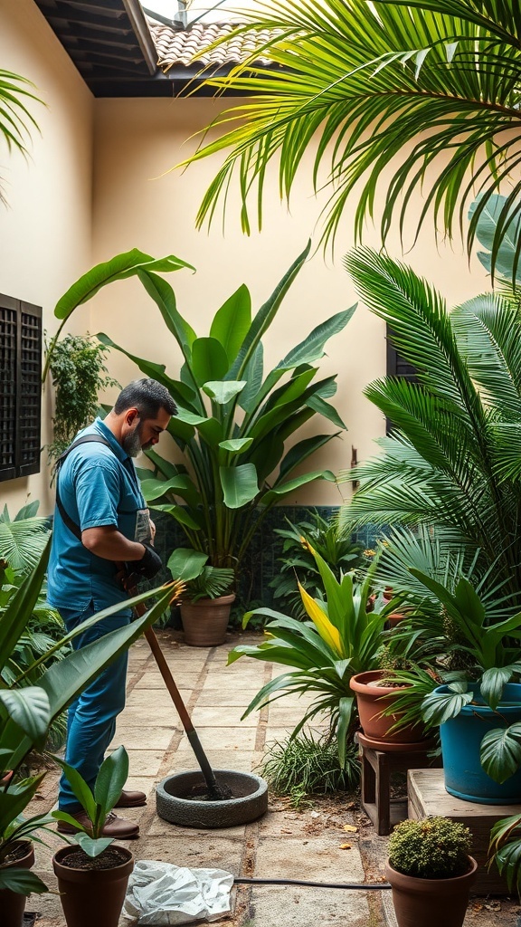 A person tending to a tropical courtyard garden filled with lush plants and colorful pots.