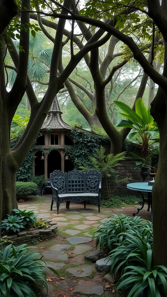 A serene garden with a bench surrounded by trees and lush plants.