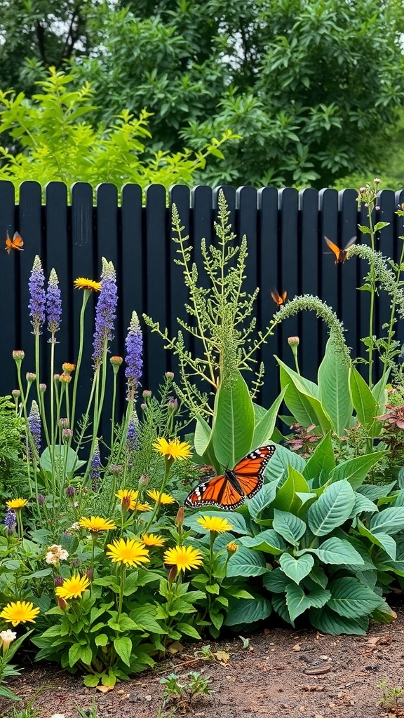 A vibrant garden with yellow flowers, purple blooms, and a black wooden fence, featuring butterflies.