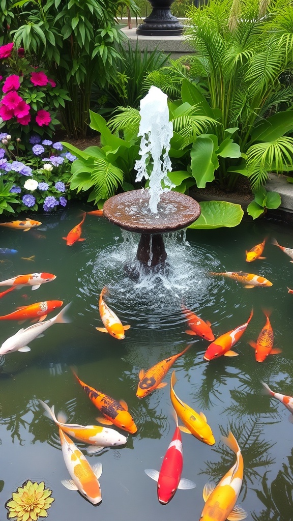 A colorful koi pond with a bubbling fountain, surrounded by lush greenery and vibrant flowers.