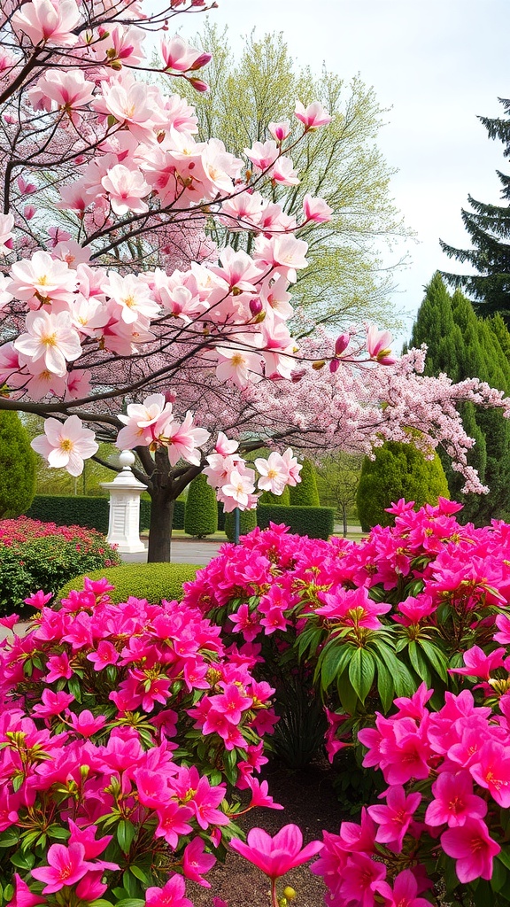 A garden featuring flowering dogwood trees and vibrant pink azaleas.