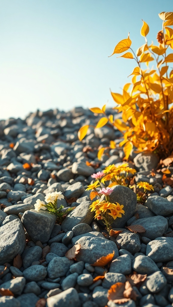 A close-up of a rock bed featuring colorful flowers and autumn leaves.
