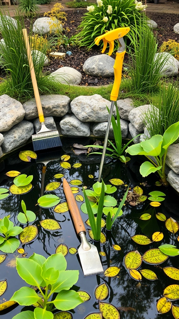 Garden pond with maintenance tools including a rake and a pond tool, surrounded by aquatic plants and stones.