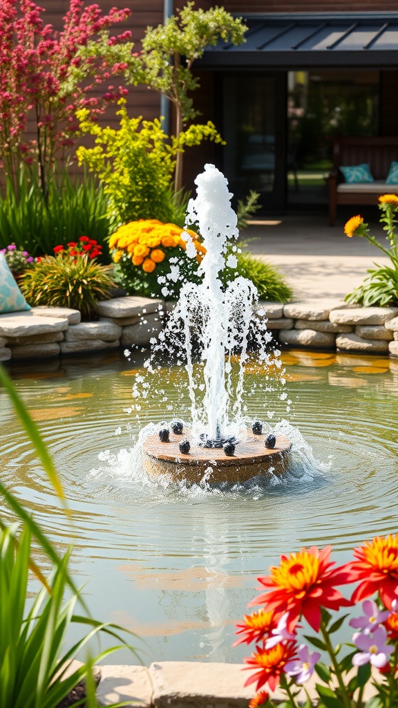 A family-friendly pond featuring a playful water jet surrounded by colorful flowers.