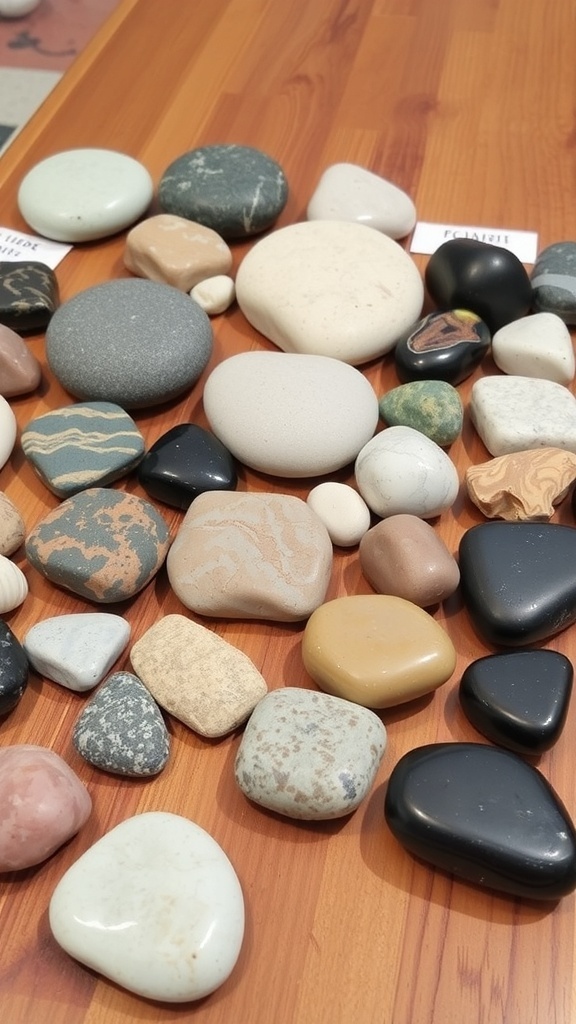 A variety of smooth and rough stones displayed on a wooden surface.