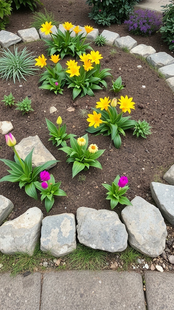 A flower bed bordered by smooth stones, featuring yellow and pink flowers.