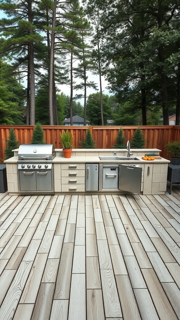 A modern outdoor kitchen on a deck with a grill, sink, and storage units surrounded by trees.