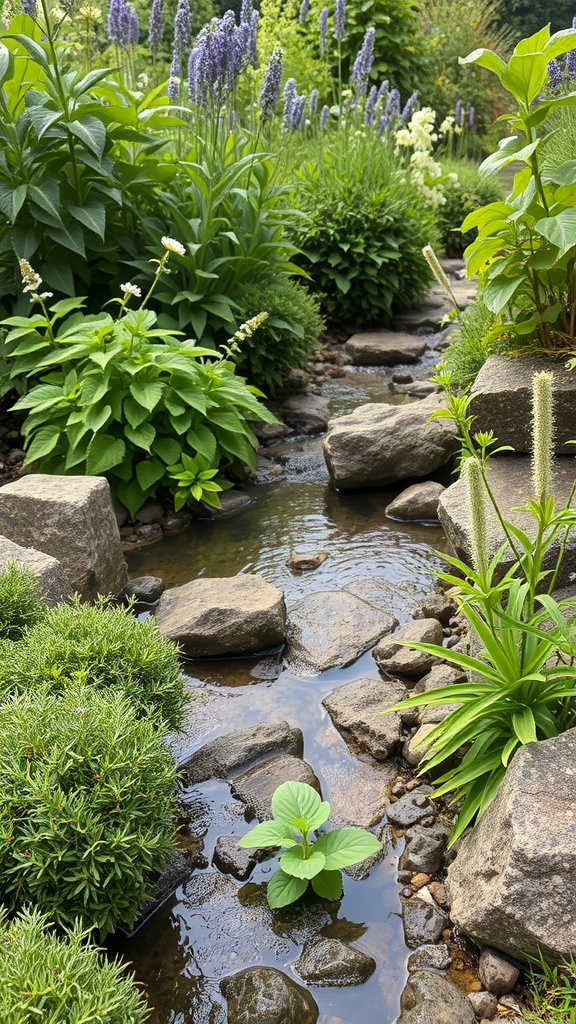 A herb garden featuring a flowing stream with lush greenery and rocks.