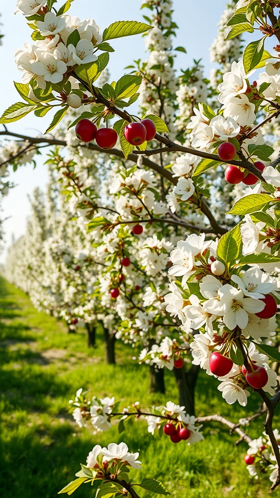 A fruit orchard in full bloom with white flowers and red cherries on the branches.