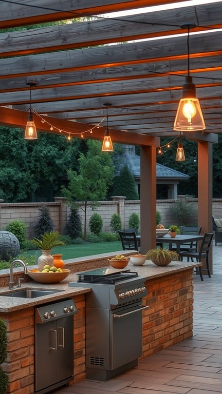 Outdoor kitchen with a sink and grill under a pergola, featuring warm lighting and a garden view.