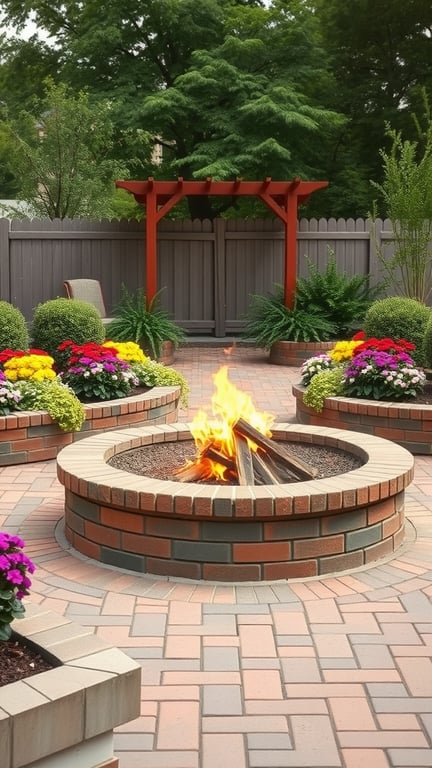 A rustic brick fire pit surrounded by colorful flower beds and a wooden pergola in the background.