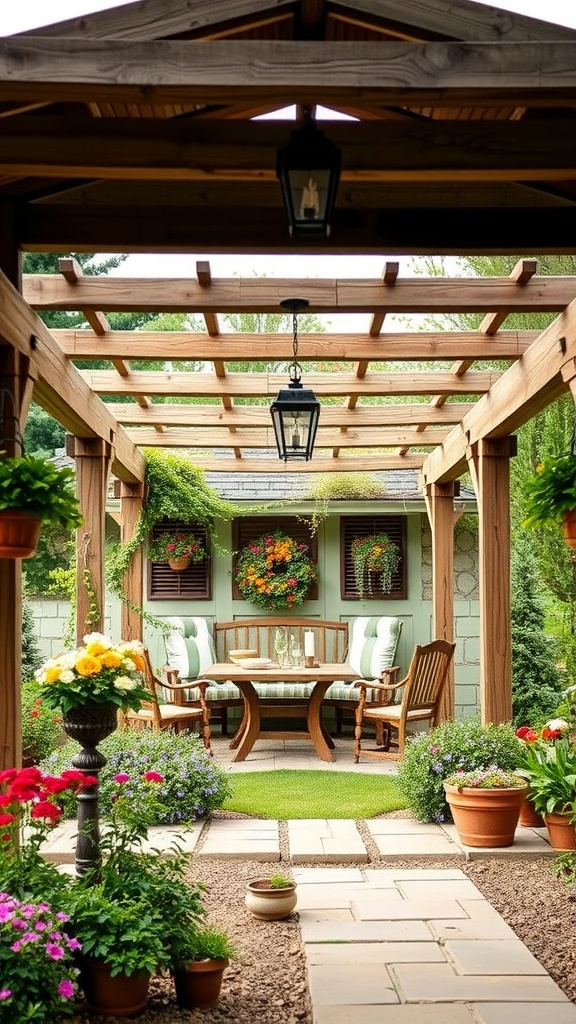 A rustic pergola with wooden beams, surrounded by flowers and a cozy seating area.