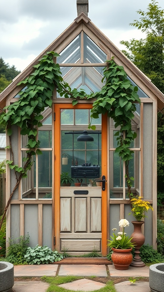A charming cottage-style greenhouse with a wooden door and green vines, surrounded by plants and a stone pathway.