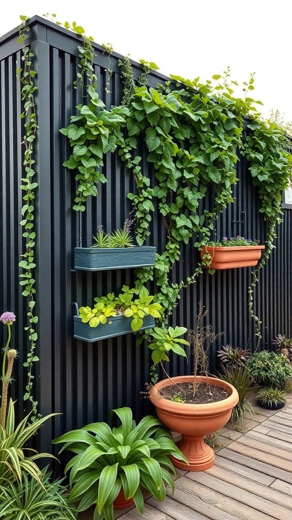 A vertical garden featuring a black fence with green climbing plants and planters.
