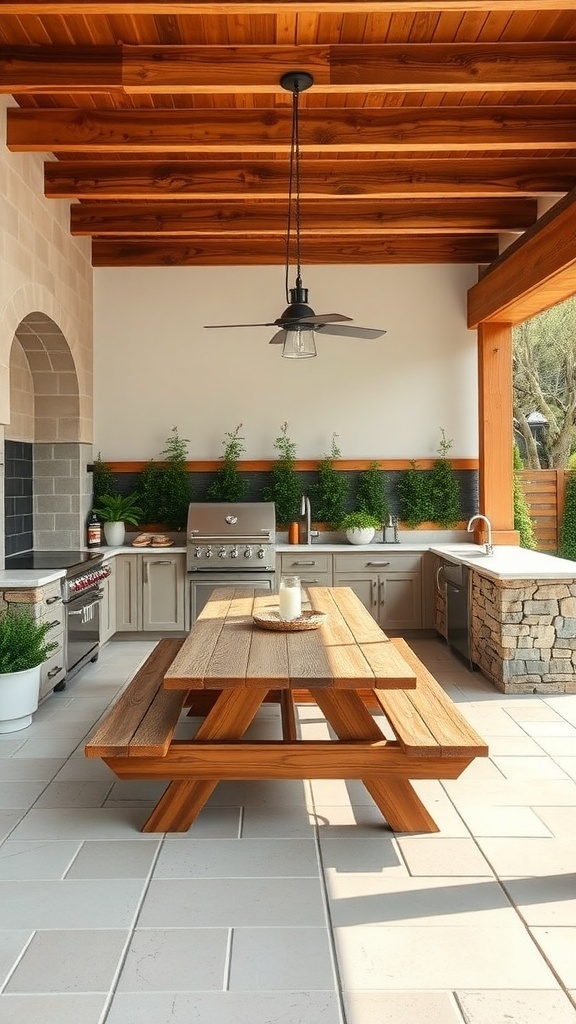 An outdoor kitchen featuring a wooden picnic table, modern appliances, and greenery.