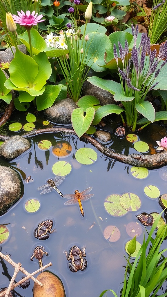 A vibrant garden pond with frogs, dragonflies, and colorful flowers.